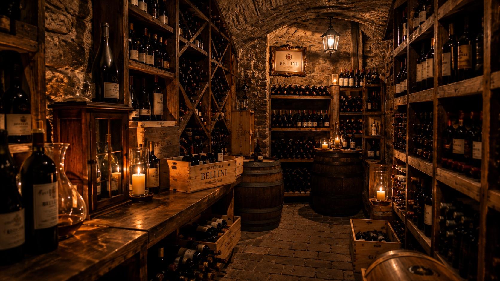 Bottiglie storiche e botti nella cantina secentesca di Trattoria Bellini, illuminate da candele