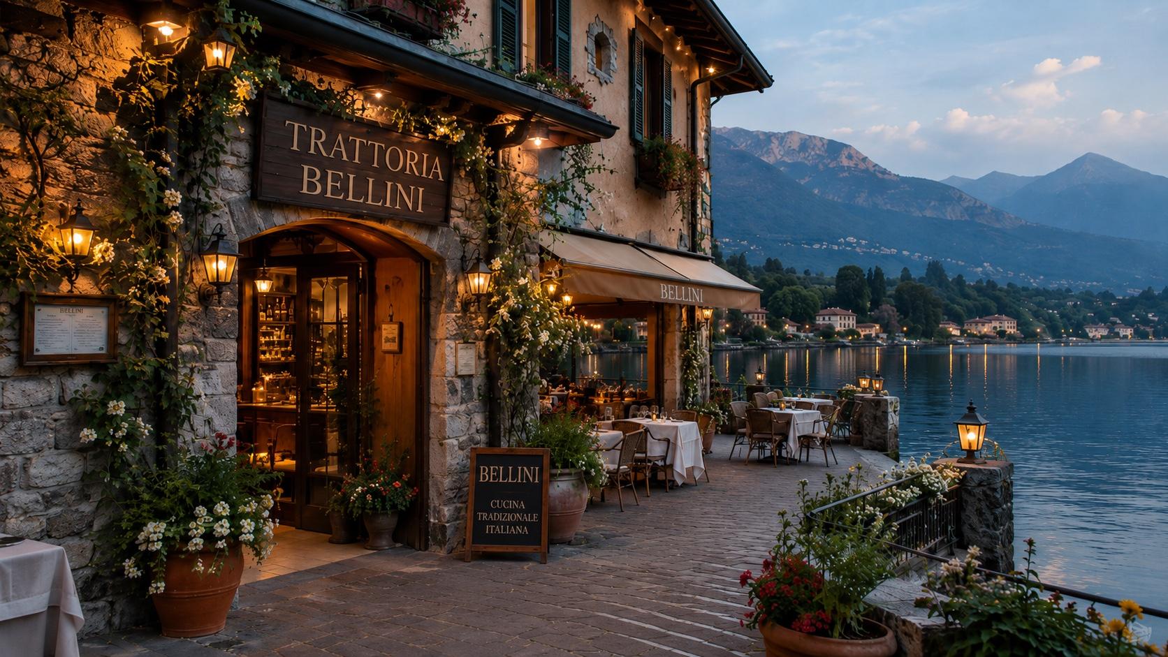 La facciata di Trattoria Bellini al tramonto, con i tavoli del dehors affacciati sul Lago di Como e le montagne sullo sfondo