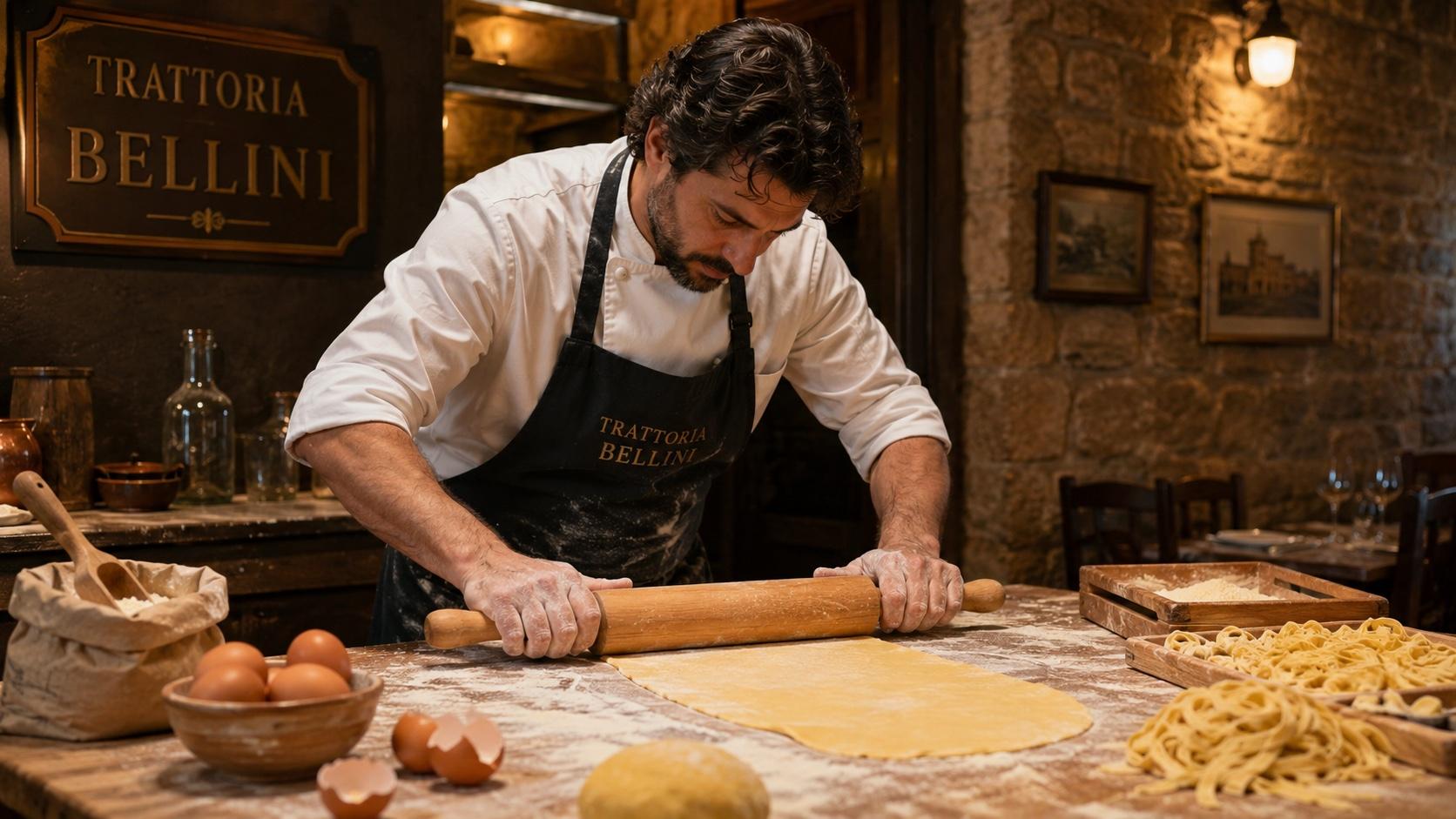 Lo chef di Trattoria Bellini tira a mano la sfoglia fresca, circondato da uova, farina e tagliolini appena tagliati
