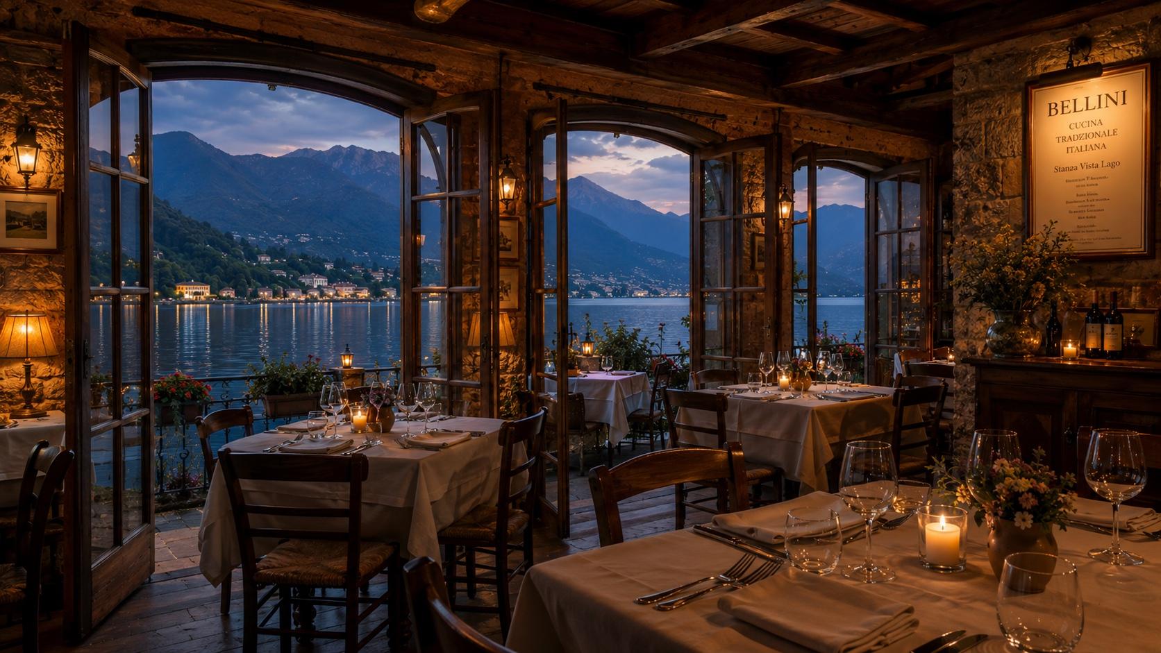 Sala Vista Lago di Trattoria Bellini, con le porte-finestre aperte sul Lago di Como