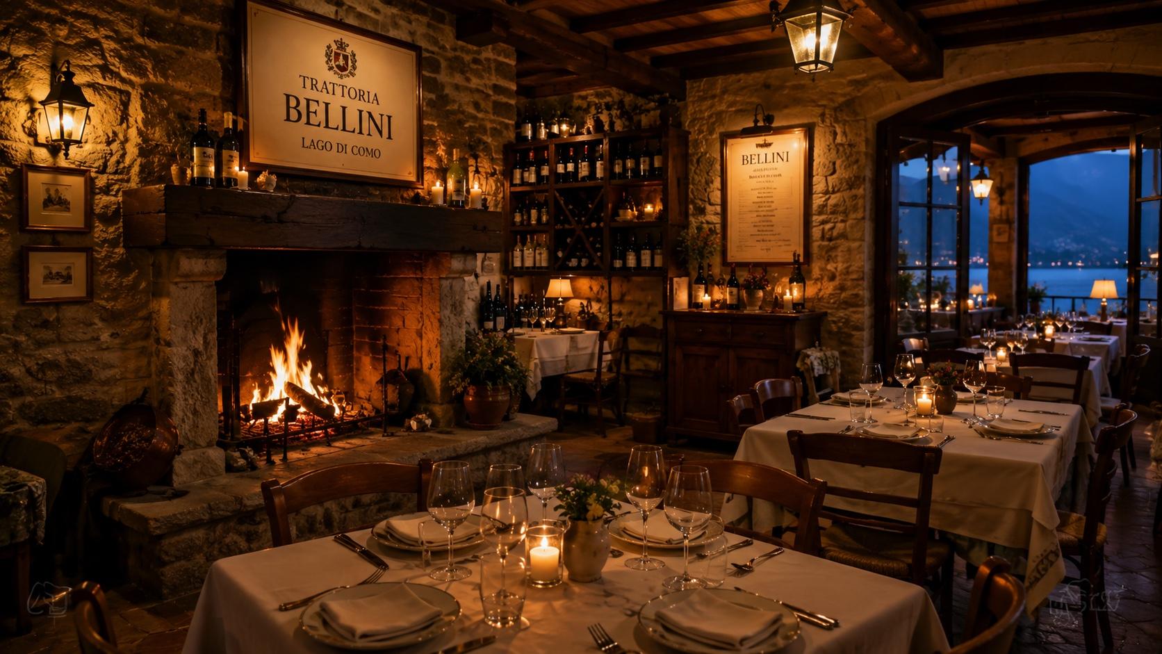 La Sala Camino di Trattoria Bellini, con il fuoco acceso e i tavoli pronti per gli ospiti