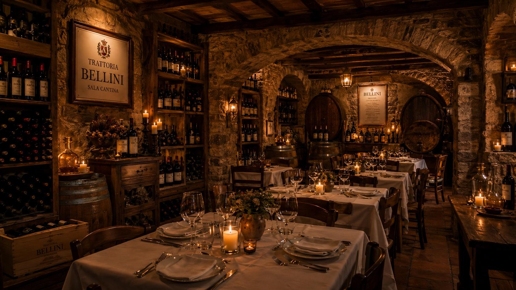 La Sala Cantina di Trattoria Bellini, con i tavoli apparecchiati tra le volte in pietra e le bottiglie storiche